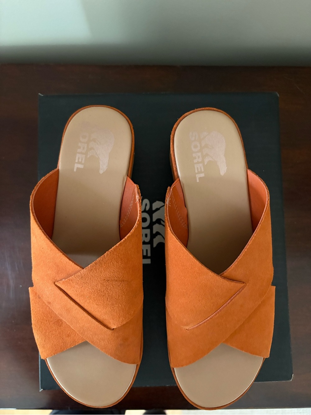 Sorel Women's Rust Orange Suede Crossover Slide Mules